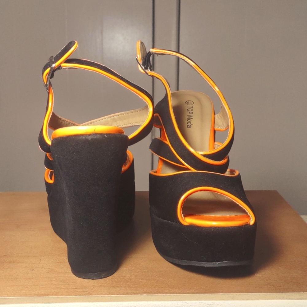 Black and orange high heel wedges by TOP Moda size 6 1/2